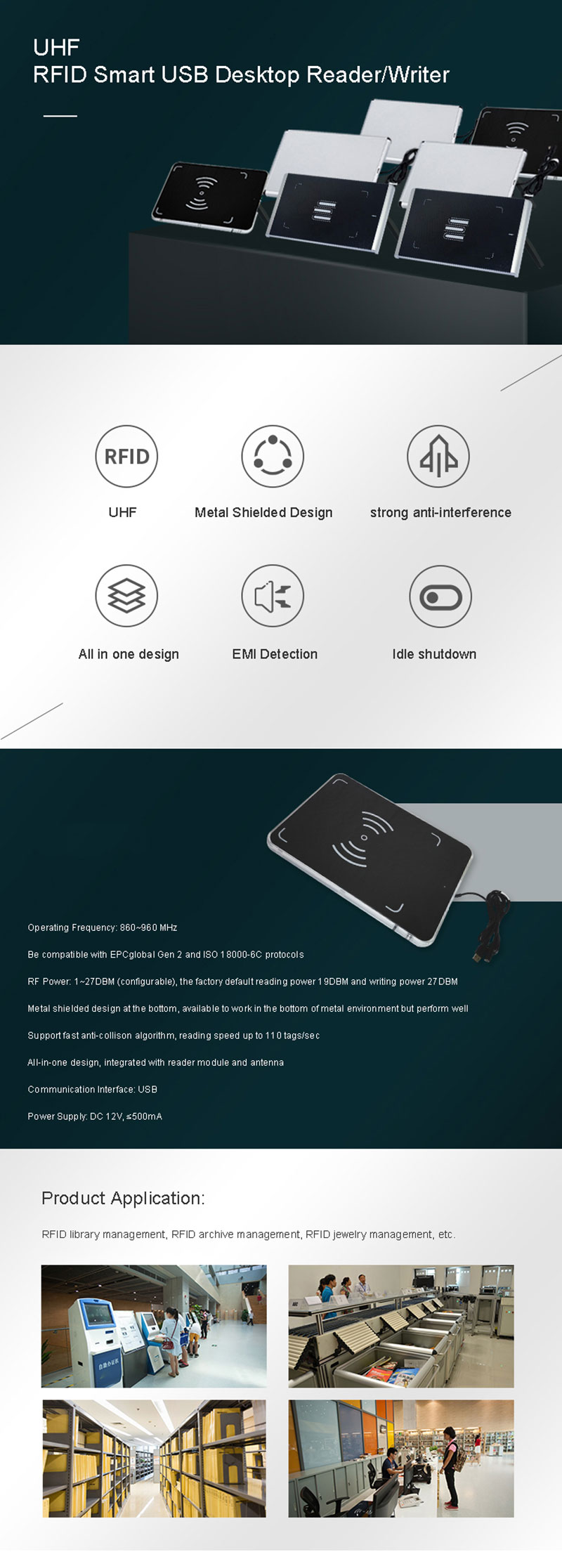 UHF RFID Smart USB Masaüstü Oxucu/Yazıcı